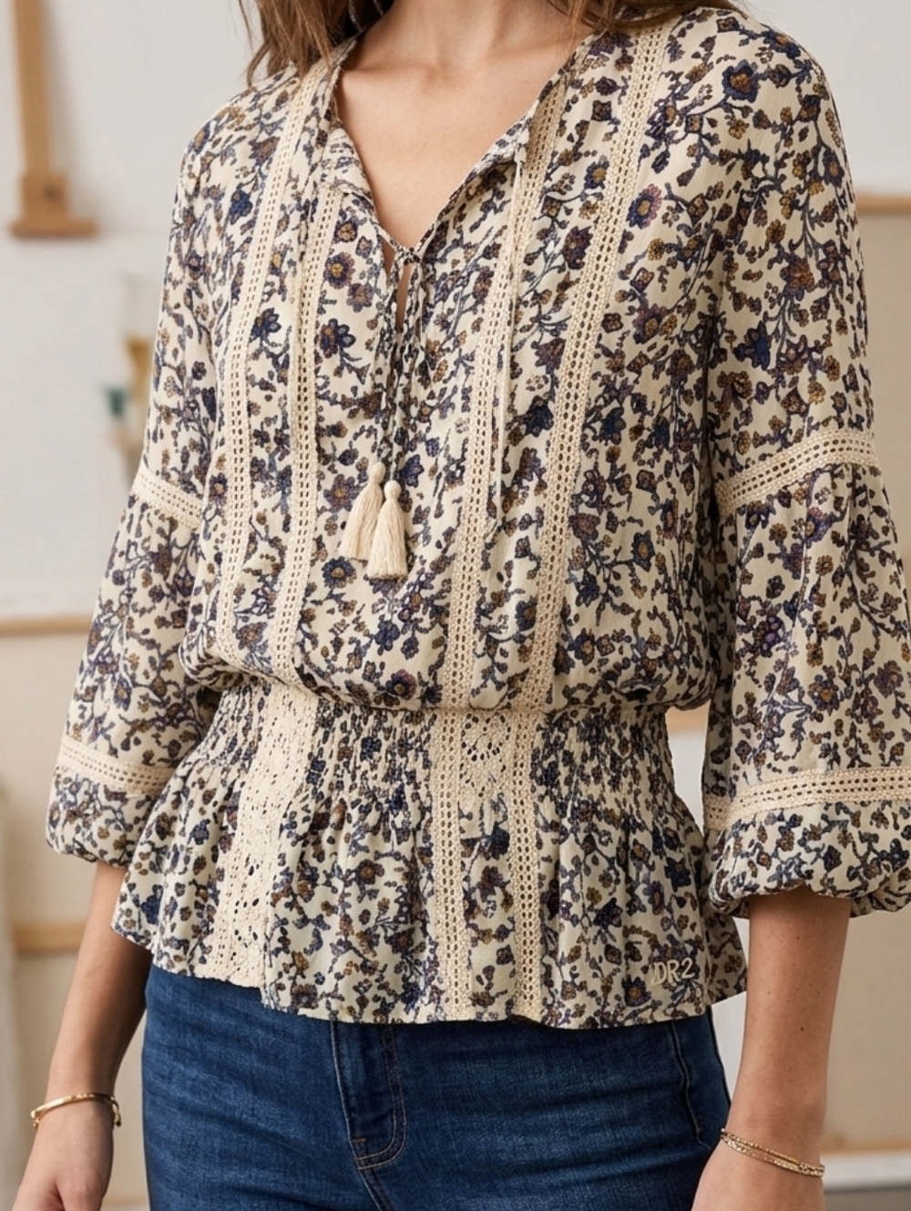DR2 Cream Floral Blouse with Navy and Mustard Accents
